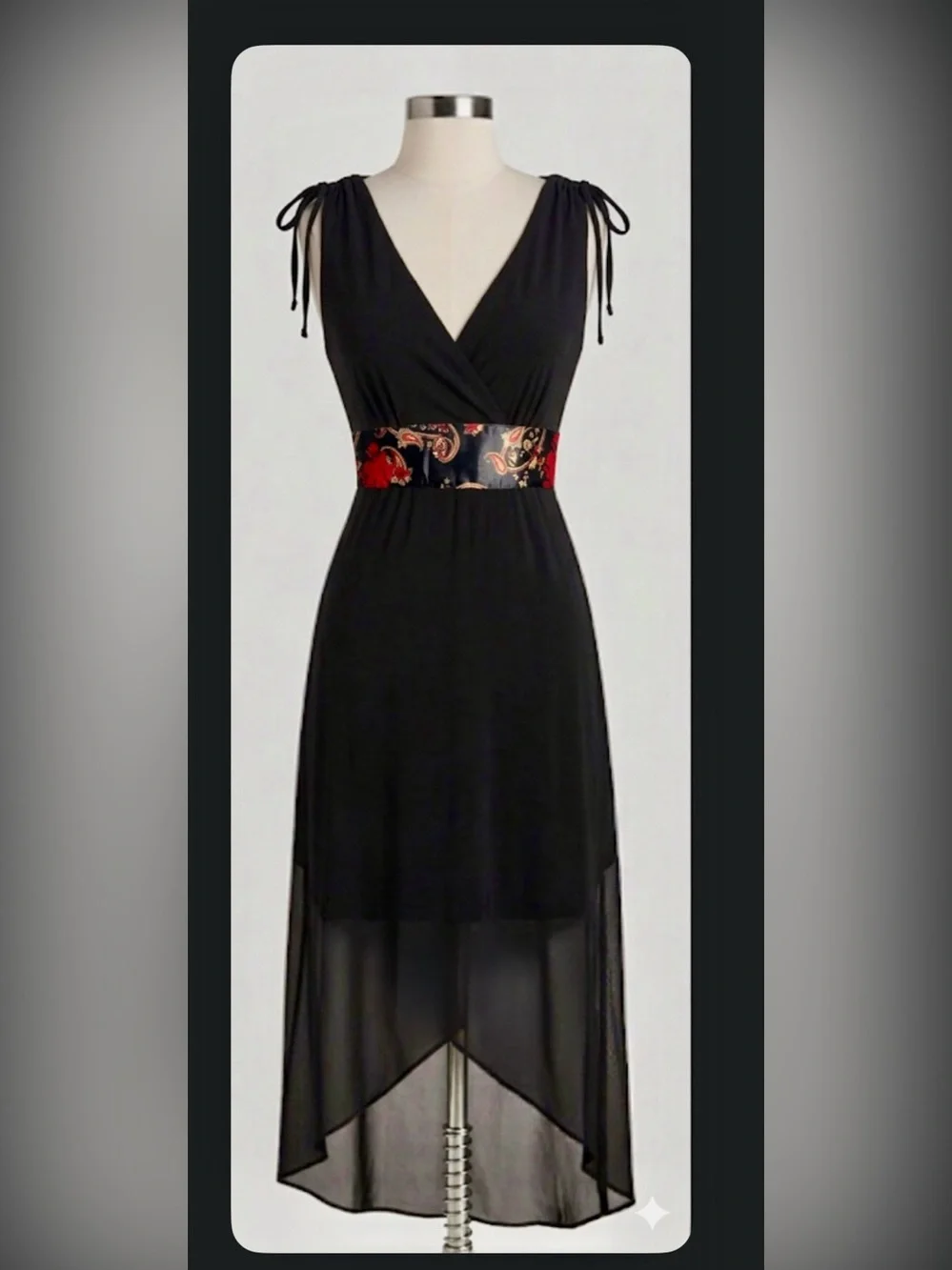 Black High-Low Dress w/ Floral & Black Sash, Conched Shoulder Ties - Size Medium - Picture 10 of 11